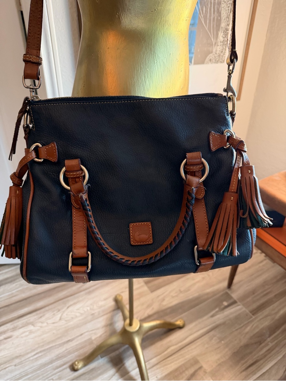 SOLD Dooney & Bourke Black Leather Shoulder Bag with Brown Trim and Tassels